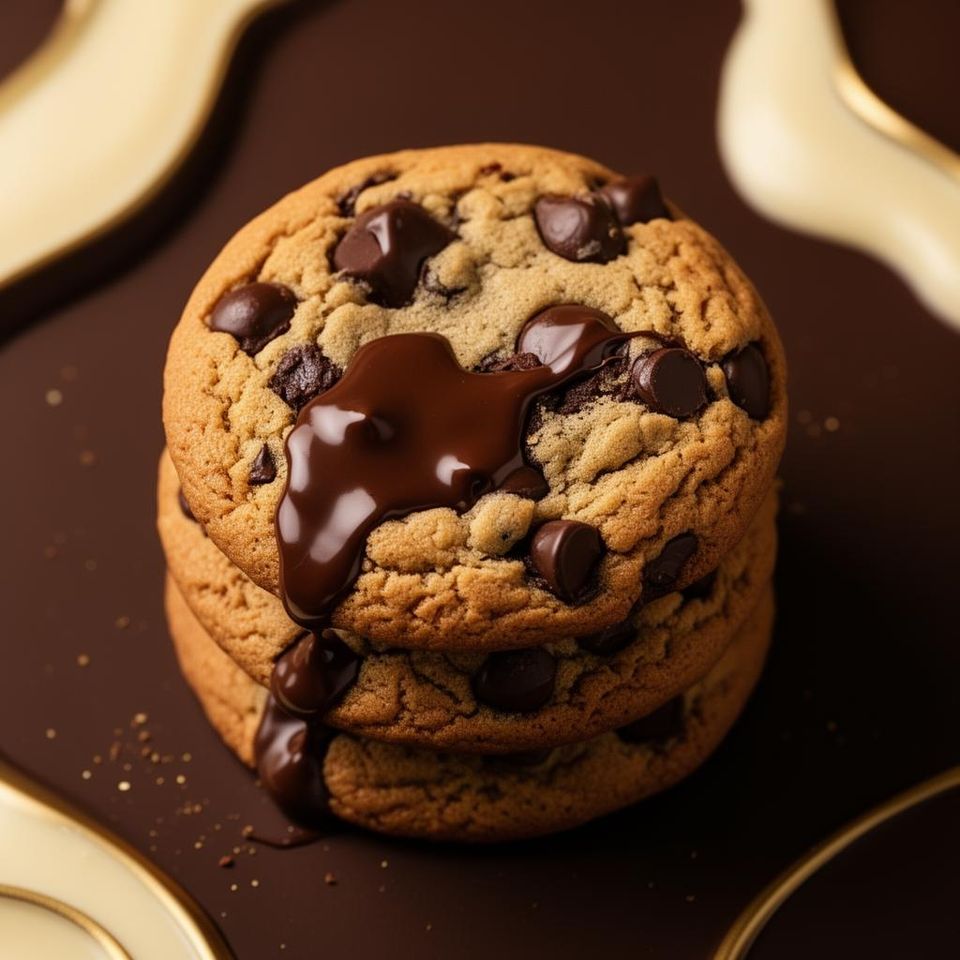 Stack of freshly baked chocolate chip cookies with melted chocolate